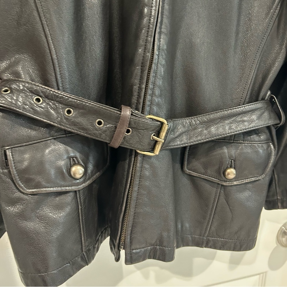 VTG 90s Tannery West Leather Black Brown Belt Collar Zip Jacket Coat Women XL - Picture 9 of 17